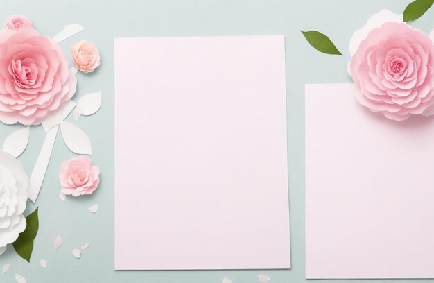 Set of blank paper sheets on a soft background with pastel paper flowers