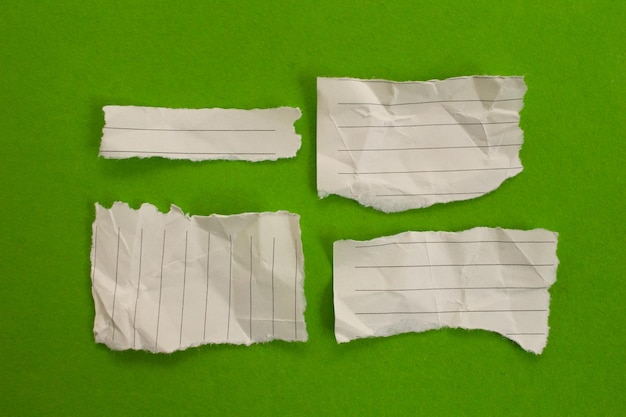 Set of blank torn papers isolated on green background. Top view of white paper pieces.