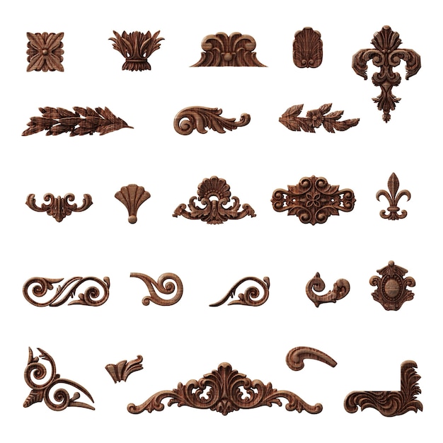 Photo set of blanks carved wooden patterns