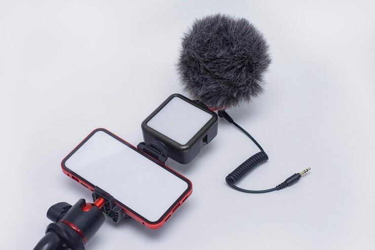 Set of blogging gadgets Smartphone mockup with a white screen with a tripod with a light and a microphone on a white background