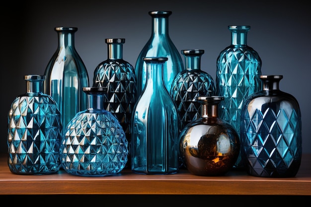 Photo a set of blue bottles on a shelf