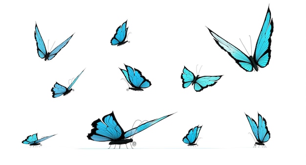 Set of blue butterflies on white background 3D render