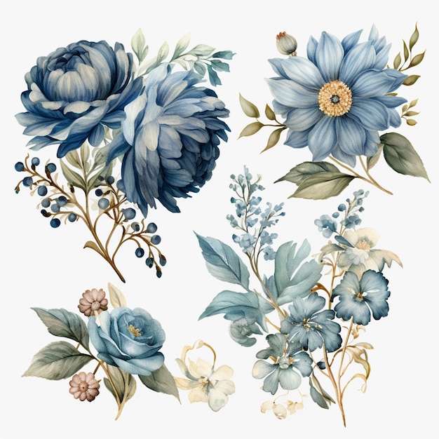 A set of blue flowers with leaves and flowers.