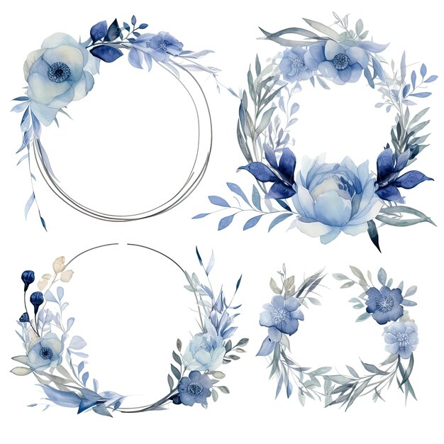 結婚式の招待状のための青と灰色の水彩の花のフレームセット