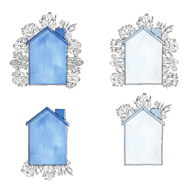 A set of blue houses with wildflowers handpainted in watercolor and graphics sketch doodle the