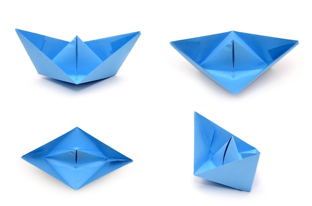 Set of blue origami paper boats Papercraft transport