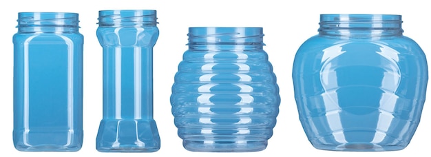 Foto insieme della bottiglia di plastica blu isolata
