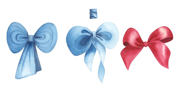 Set Blue ribbon bow isolated on white background Watercolor hand drawn illustration Art for design gifts