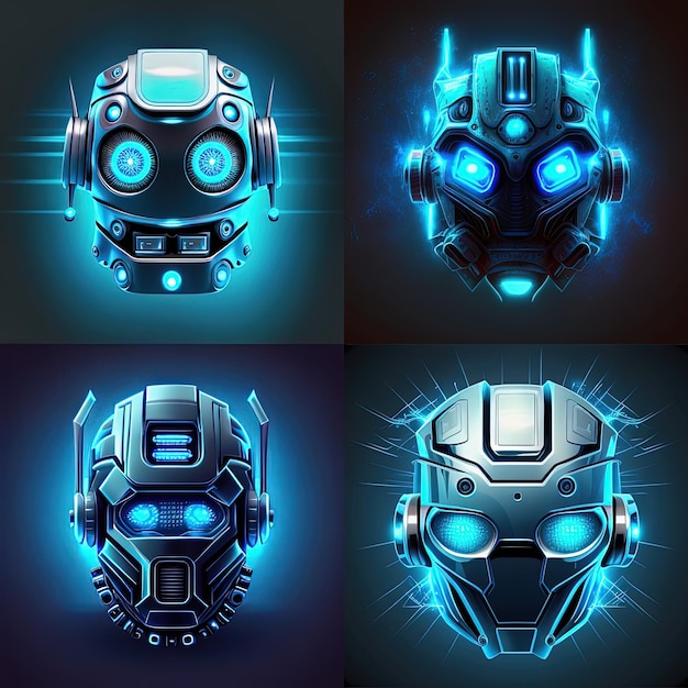 Set of blue robot Icon heads on black background Generative AI