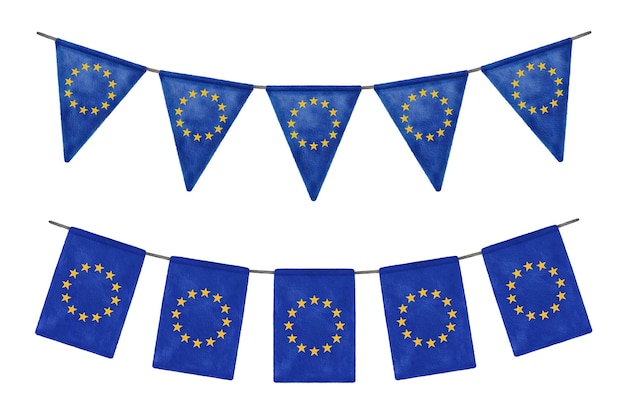 Photo set of blue watercolor eu garlands isolated on white european union flags