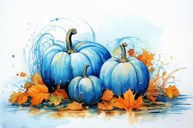 Set of blue watercolor pumpkins autumn leaves Generative ai