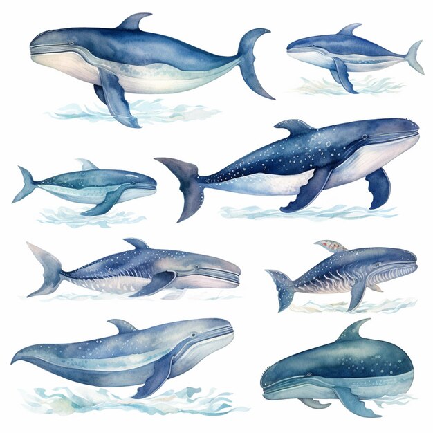 A set of blue whales in watercolor