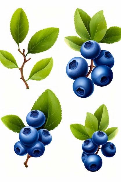 Photo set of blueberries with leaves on white background illustration generative ai