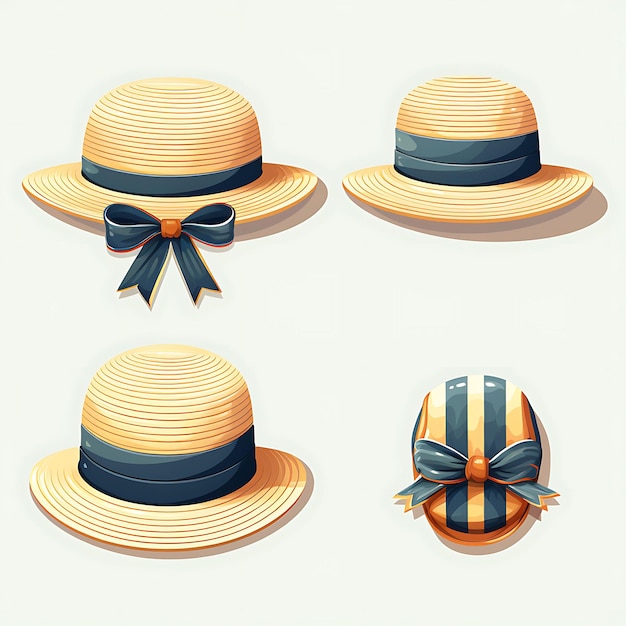 Photo set of boater summer item nostalgic design straw boater leisure g 2d asset design clipart flat