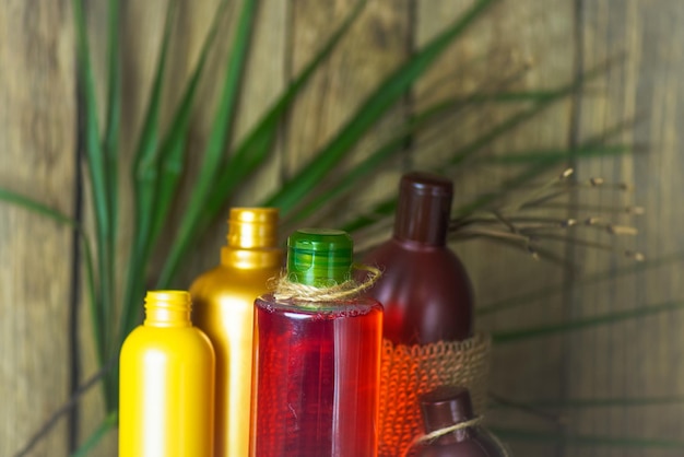 Set of body care products on wooden background