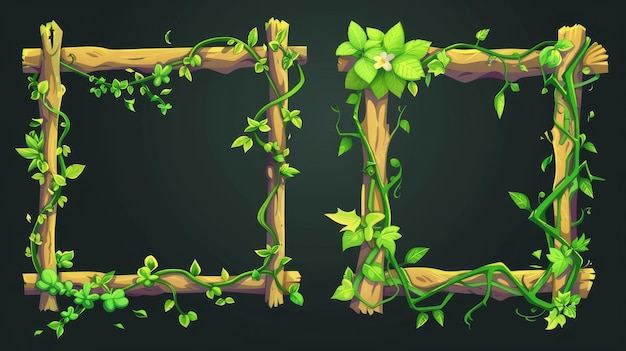 Набор границ из растений джунглей, основанных на современных мультфильмах, серия рамок, сделанных из виноградников и листьев с цветами