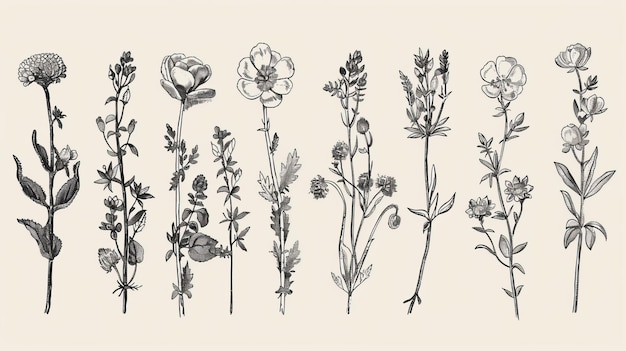 A set of botanical illustrations in the style of engravings depicting herbs and wild flowers