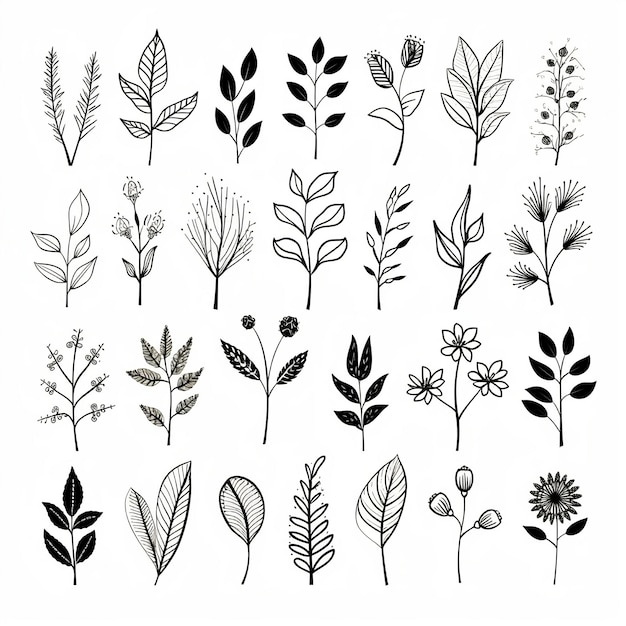 Photo set of botanical leaf wildflower line art