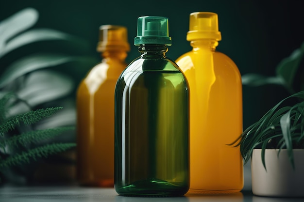 Набор бутылок жидкого косметического эко-продукта для ежедневного ухода и шампуня с зелеными листьями или средства для мытья тела Generative AI