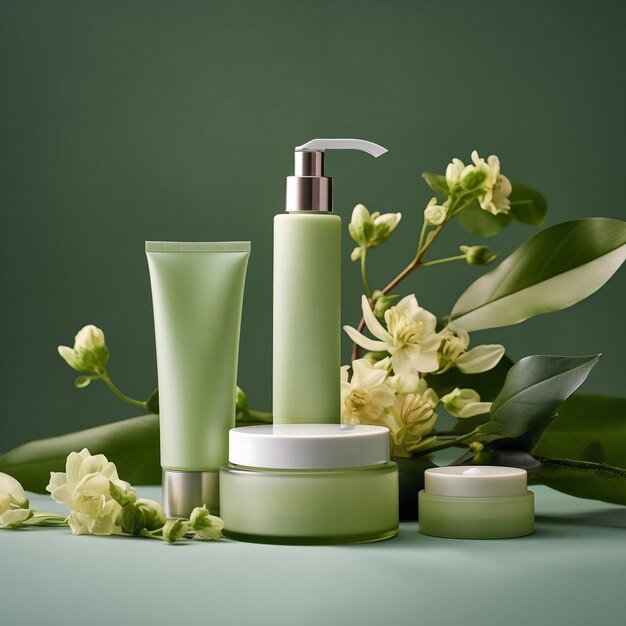 A set of bottles sits next to a plant with flowers placed on a pale green table