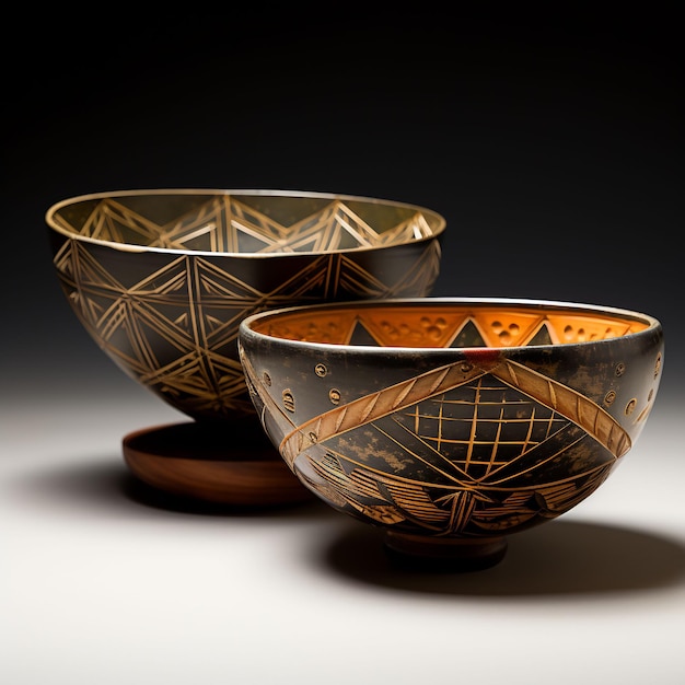 a set of bowls with a design on the front