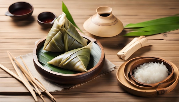 Photo a set of bowls with rice and a green leaf on it