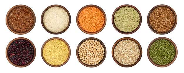 Set of bowls with various cereals and legumes isolated on white background