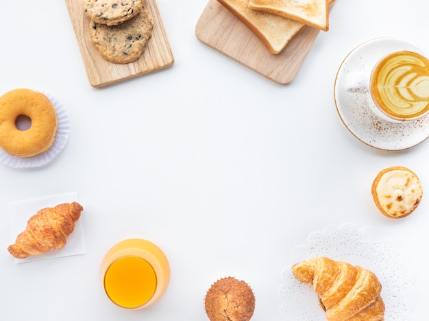 Set of breakfast food or bakery, cake on table kitchen background