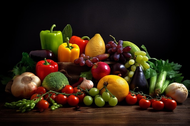 テーブルの上の明るい新鮮な野菜と果物のセット 食品の背景 柔らかな光 広告写真 商業写真 ジェネレーティブ AI