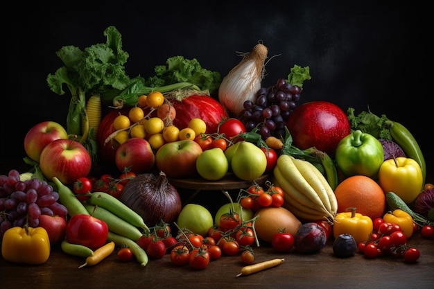 テーブルの上の明るい新鮮な野菜と果物のセット 食品の背景 柔らかな光 広告写真 商業写真 ジェネレーティブ AI