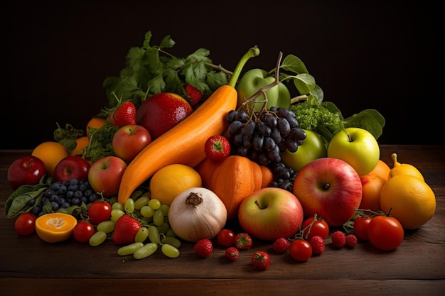 Set of bright fresh vegetables and fruits on the table Food background soft light advertising photography commercial photography generative AI