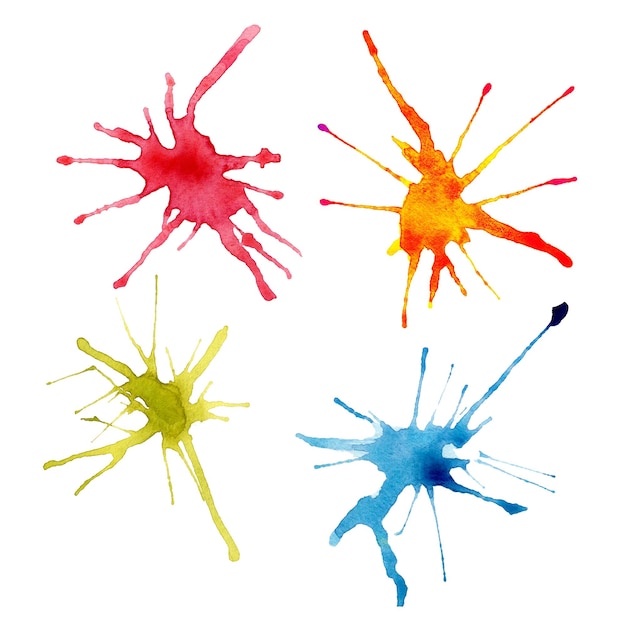 set of bright olive red orange blue watercolor splash on white background