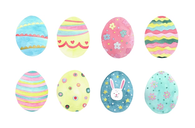 Set of bright watercolor Easter eggs with stripes and flowers.