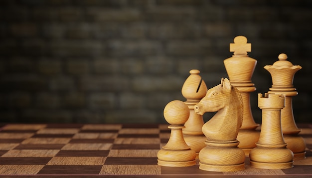 A set of bright wooden chess pieces placed on a chessboard in a brick wall background. The concept of business strategy planning. copy space for text or article. 3D illustration rendering.