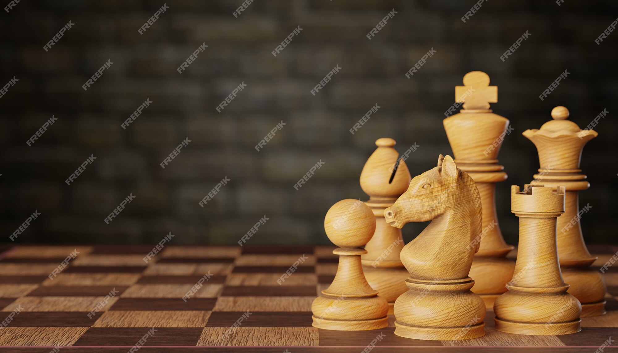 Premium Photo  A set of bright wooden chess pieces placed on a chessboard  in a brick wall background. the concept of business strategy planning. copy  space for text or article. 3d