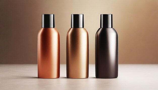 Photo set of brown and black cosmetic bottles on a beige background