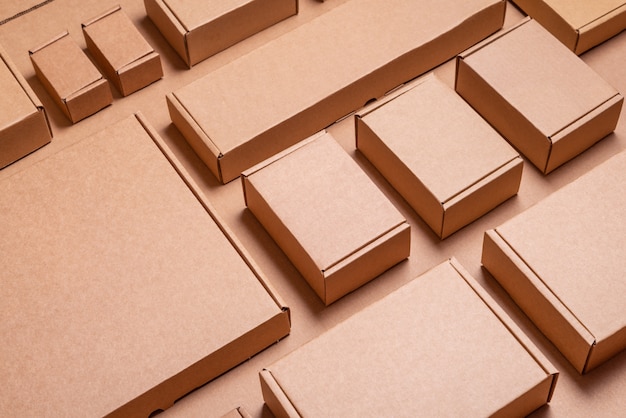 Photo set of brown craft cardboard boxes, background