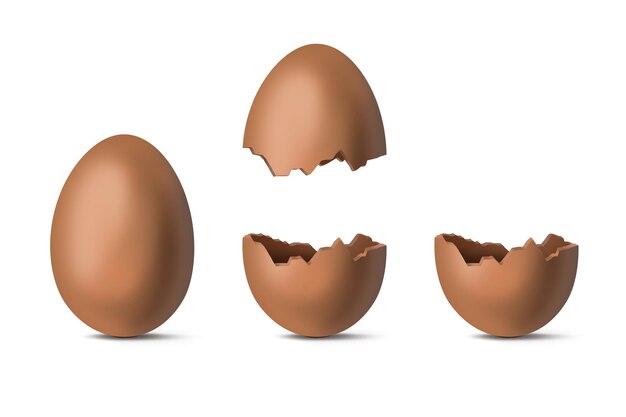 A set of brown eggs with one broken open and the other broken.