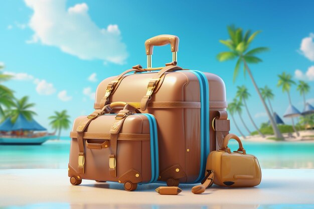 Set of brown suitcases on the beach