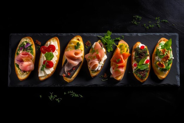 Set bruschetta met zalm prosciutto mozzarella en basilicum op zwarte achtergrond