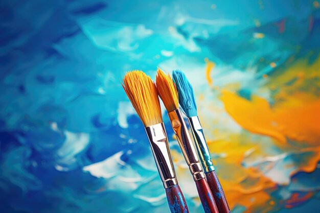 Набор кистей для рисования на абстрактном фоне синими красками.