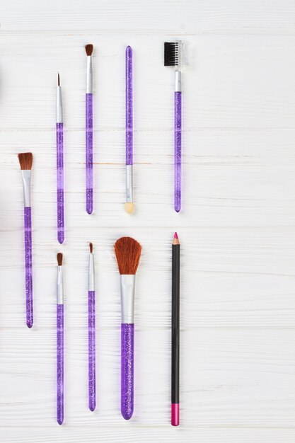 Set of brushes for make up, top view.