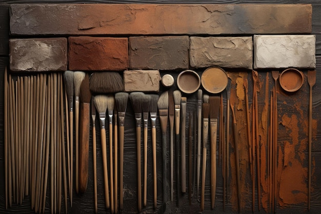 a set of brushes with different colors and a brown background.