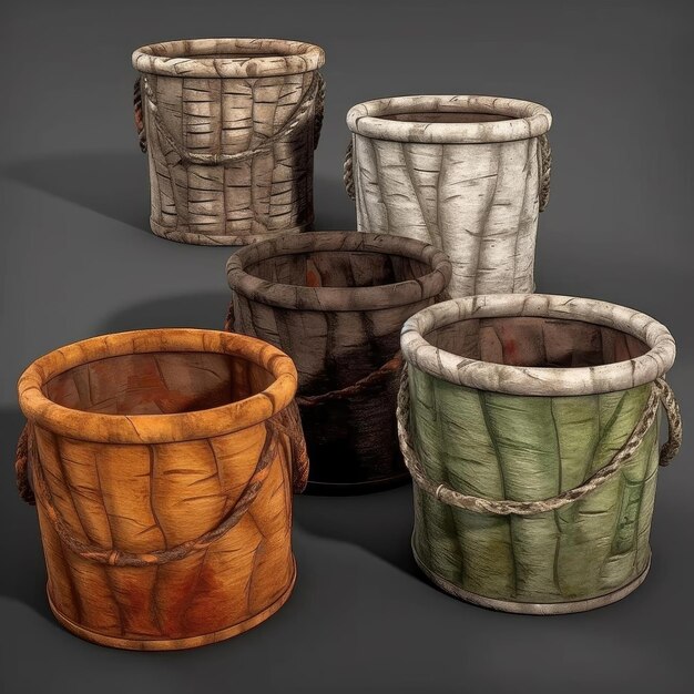 A set of buckets made of birch bark 3D illustration