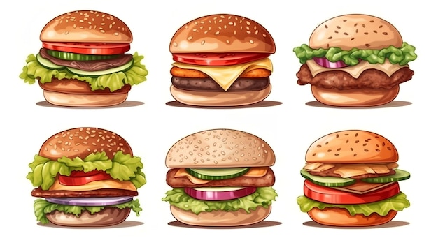 A set of burgers with different toppings.