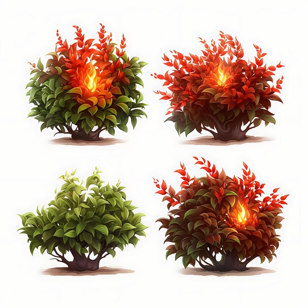 A set of burning bush shrubs trimmed into flame like forms adorned wi isolated on white bg clipart