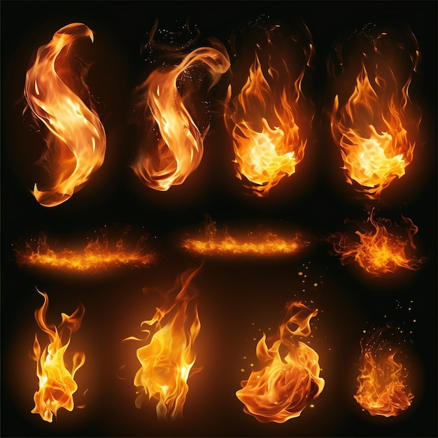 set of burning fires of flames and spark