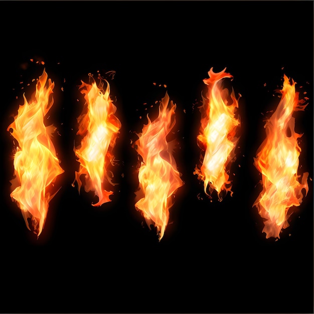 Photo set of burning fires of flames and sparks on transparent background for use on light backgrounds