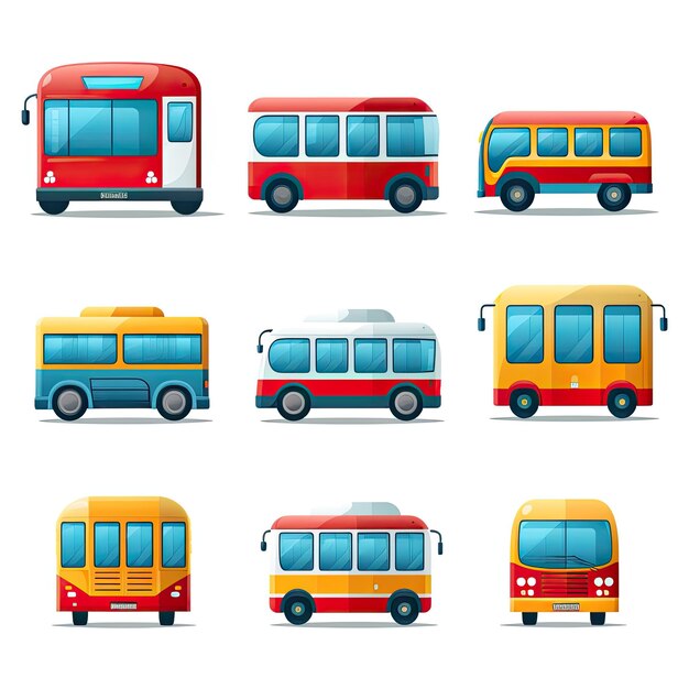 Набор икон автобуса в плоском стиле Векторная иллюстрация, изолированная на белом фоне