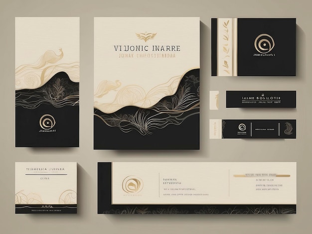 a set of business cards with a gold design on them and a black envelope